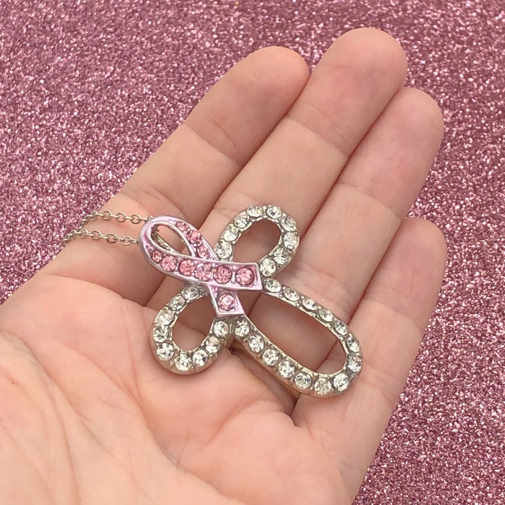 🌼 Pink Ribbon Cross Rhinestone Silver Breast Cancer Necklace - Picture 2 of 2